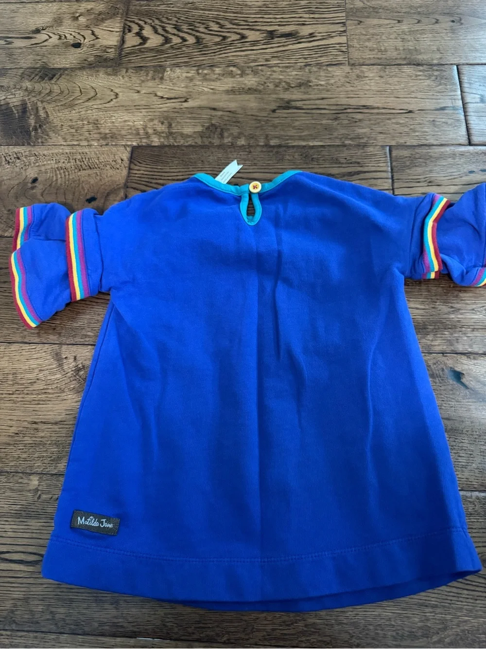 Matilda Jane Size 2 School Bell Dress Blue with Rainbow Stripe Ruffle Sleeve - Picture 4 of 4